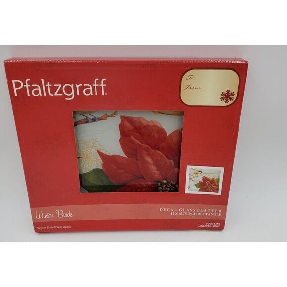 Pfaltzgraff Decal Glass Platter Winter Birds Poinsettia Rectangle 12X10.75 Inch - Picture 1 of 5